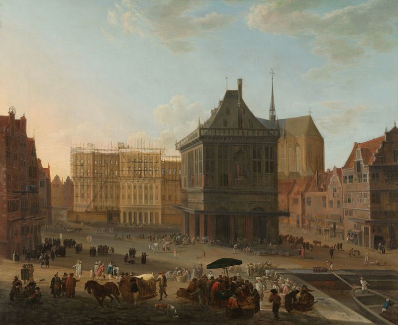 The Dam in Amsterdam with the new Town Hall under Construction by Jacob van der Ulft, oil painting.