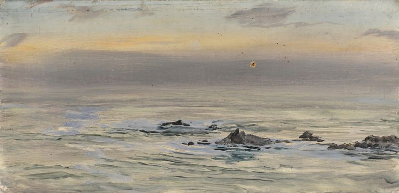 The Close Of A Summer Day by John Brett, oil painting depicting a sunset over a tranquil landscape
