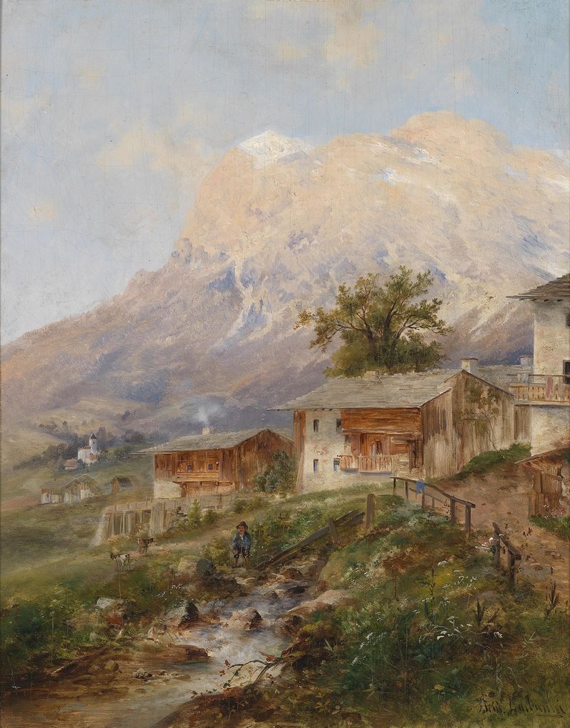 Paisagem de um vale sob um céu sereno, pintura a óleo de Emil Barbarini