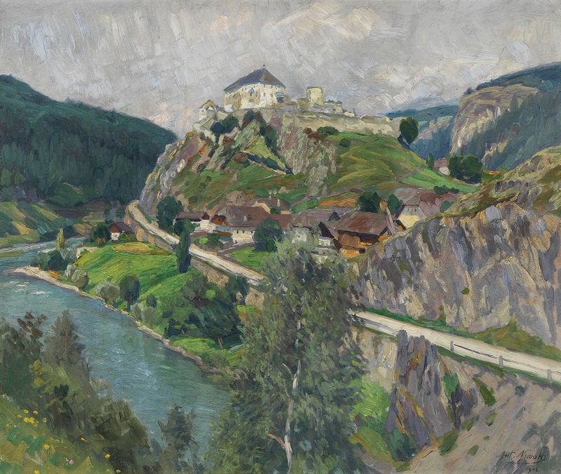 Landscape with swirling hues in gold and blue by Anton Nowak, 1906