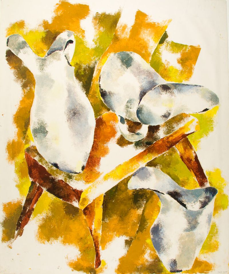 Still Life, Pitchers de Ati Gropius, óleo sobre papel que representa elegantes jarras y una sensación de quietud.