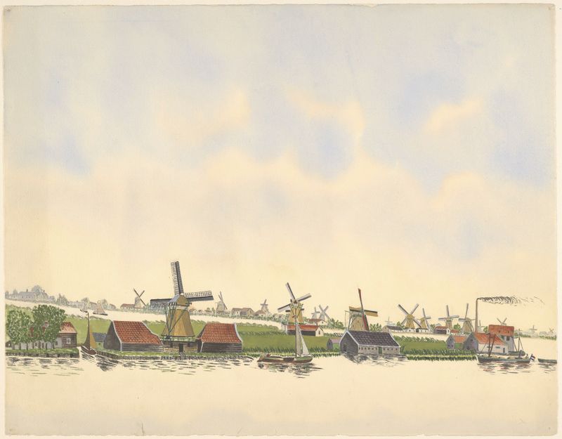 Paisaje con molinos de viento y fábrica, óleo sobre lienzo de Johannes Nicolaas Eijman