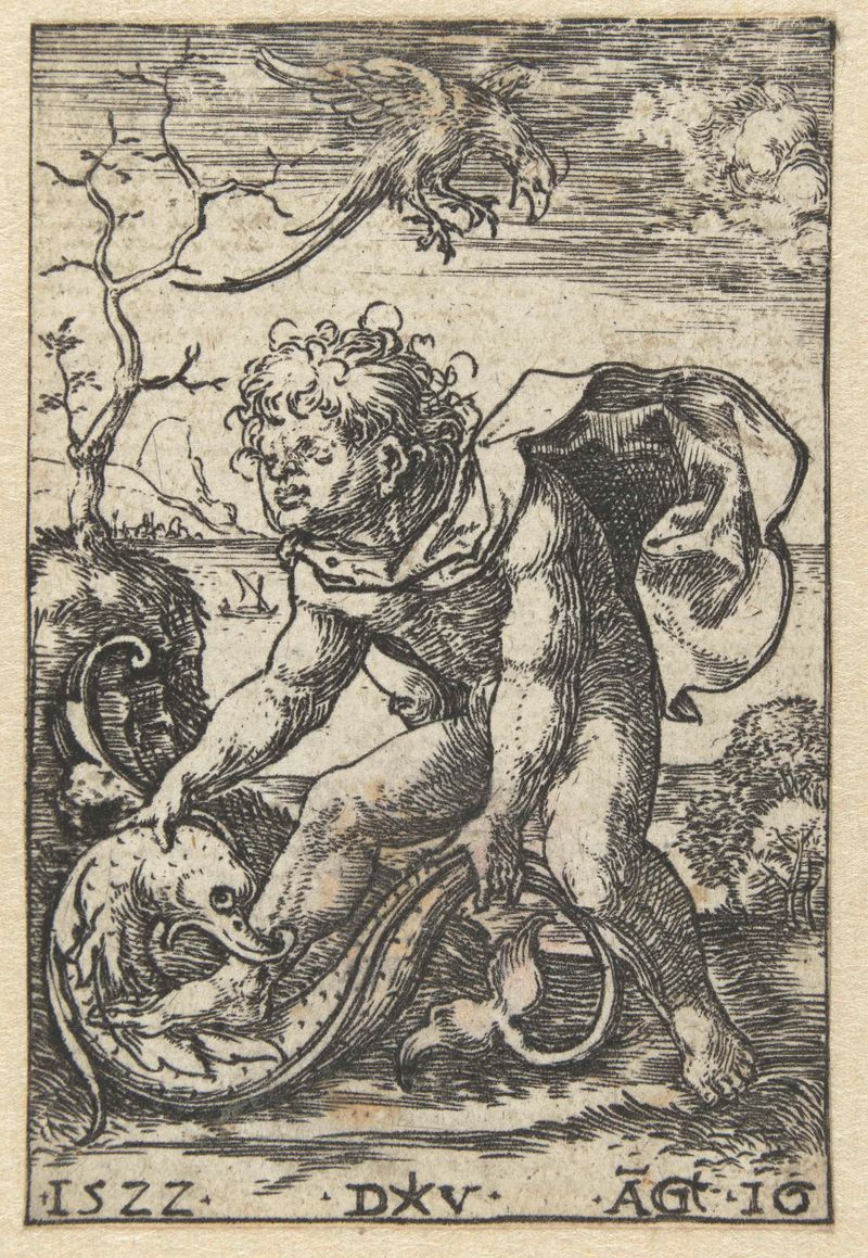Etching by Dirck Vellert depicting a man holding a fish.