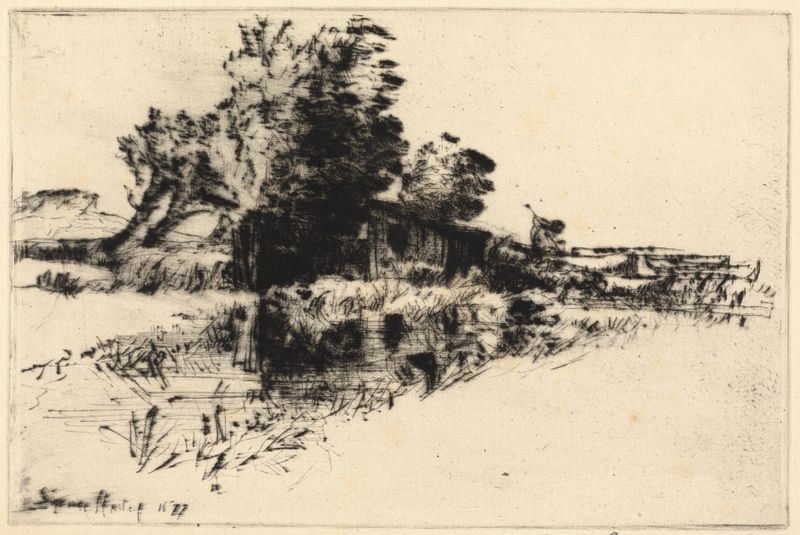 La pequeña casa de botes de Francis Seymour Haden, impresionismo, representando una escena marina serena