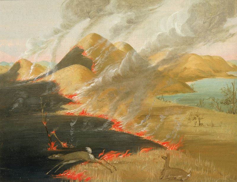 Prairie Bluffs Burning, óleo sobre tela de George Catlin, retrata um céu em chamas e penhascos dramáticos.