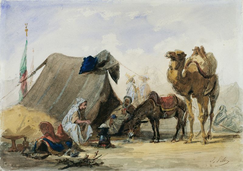 An Arab Encampment by Isidore Pils, oil on canvas depicting tents and figures around a fire.