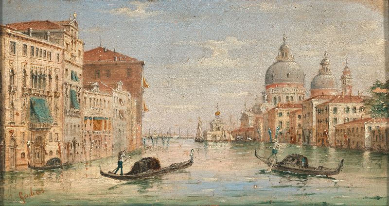 Venice, a View of the Grand Canal by Marco Grubas, impressionism, depicting water reflections and pastel buildings