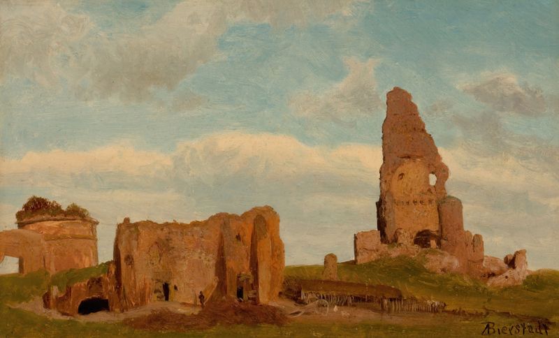 Ruins-Campagna of Rome de Albert Bierstadt, óleo mostrando colunas antigas e um céu expansivo.