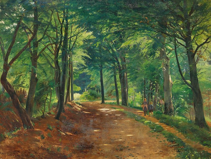 Pintura al óleo impresionista de Carl Carlsen que muestra niños en un sendero del bosque.
