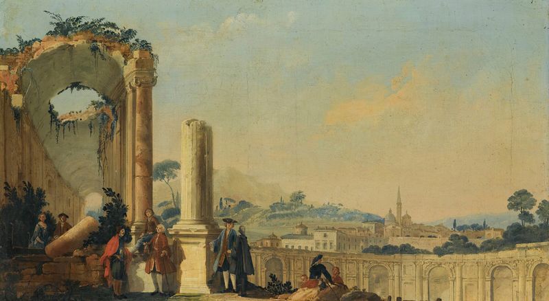Elegant figures conversing beneath ruins, oil on canvas by The Pseudo Battaglioli.