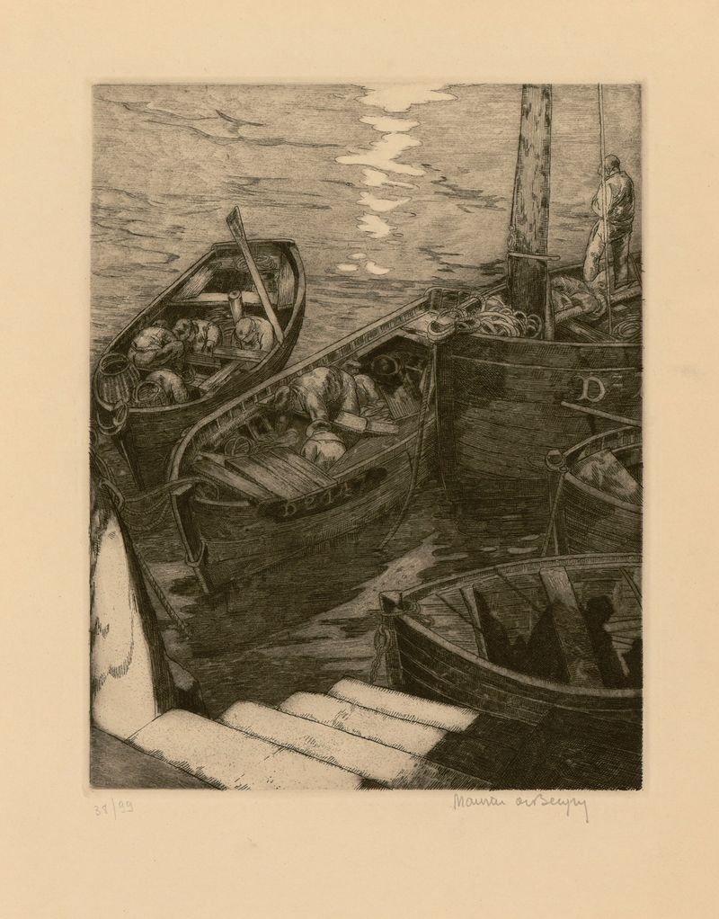 Marine scene featuring six marines by Maurice Jaubert de Becque, oil painting