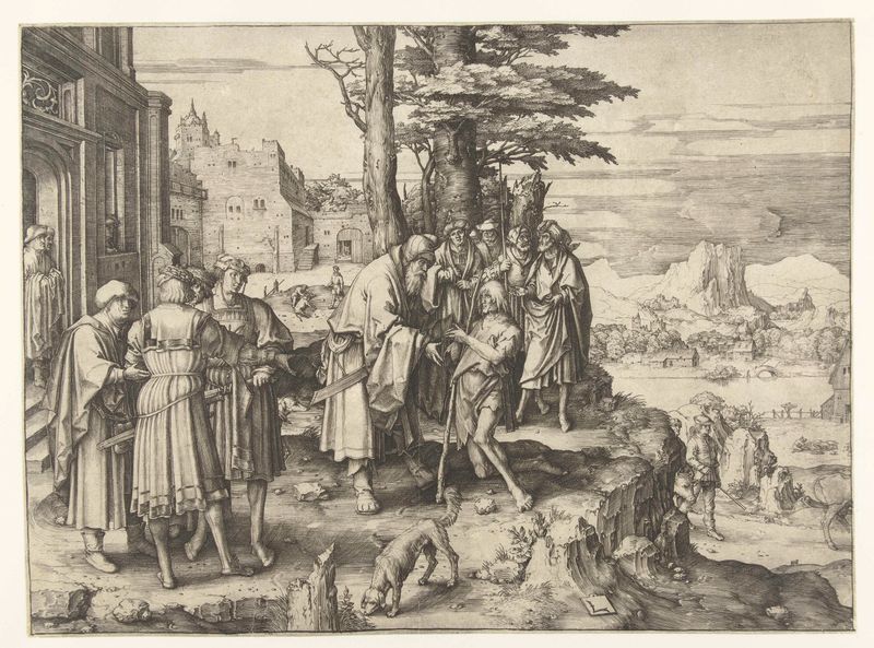 Grabado de Lucas van Leyden que muestra a un padre y un hijo abrazándose en luz dorada.