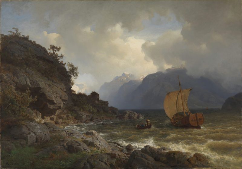 Pintura al óleo de Hans Gude que muestra acantilados y océano al atardecer