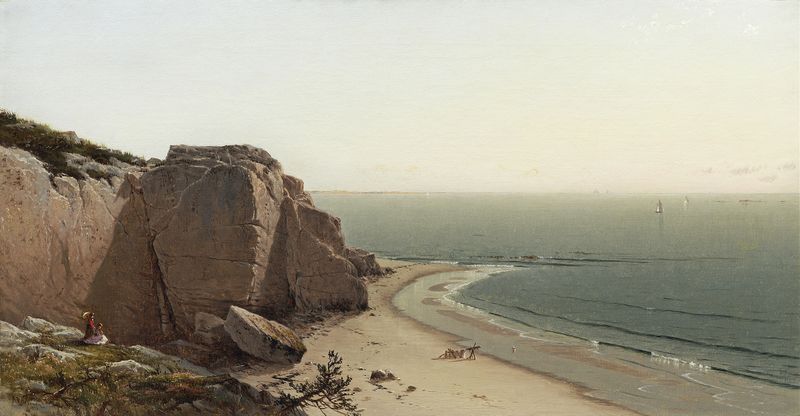 A Quiet Day near Manchester de Alfred Thompson Bricher, pintura a óleo que retrata uma paisagem de rio serena.
