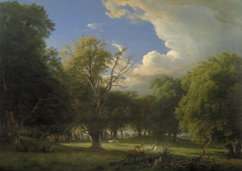 Landscape with deer and a passing shower, oil painting by P. C. Skovgaard