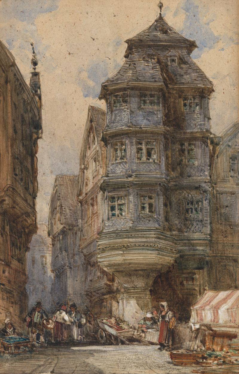 Aquarela de William Callow retratando velhas casas em Frankfurt com detalhes intrincados e tons suaves.