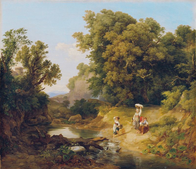 Romantic landscape oil painting by Károly Markó depicting a tranquil Italian scene