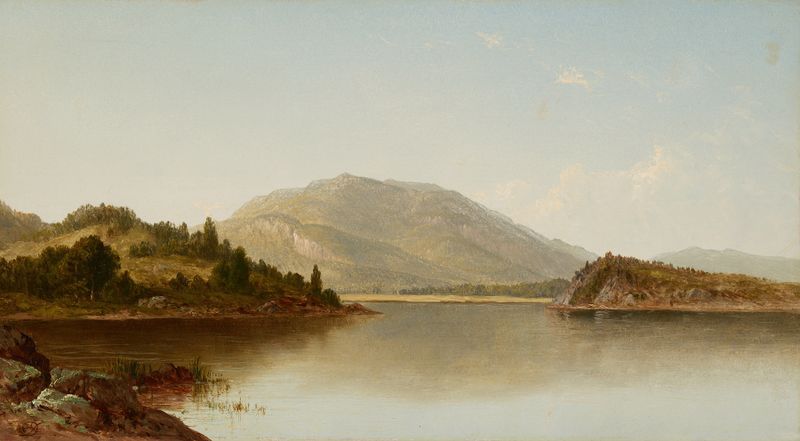 Bear Mountain and Iona Island on the Hudson River by David Johnson, oil painting of a serene landscape.
