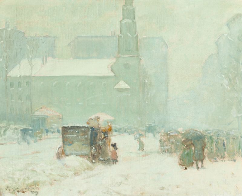 Park Street, Boston by Arthur Clifton Goodwin, oil on canvas depicting a sunlit cobblestone street with figures.