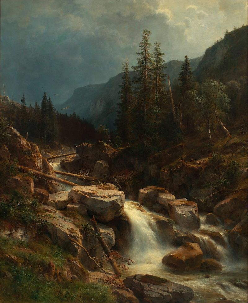 Pintura a óleo de paisagem de Ludwig Halauska com montanhas e um céu tempestuoso.