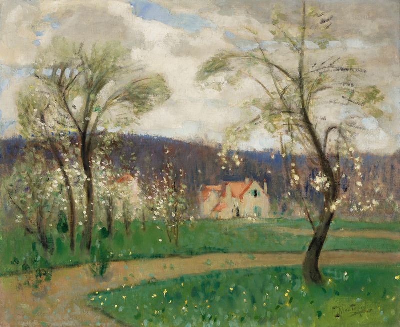 Oil painting by Pierre-Eugène Montézin depicting vibrant grass and a serene sky.