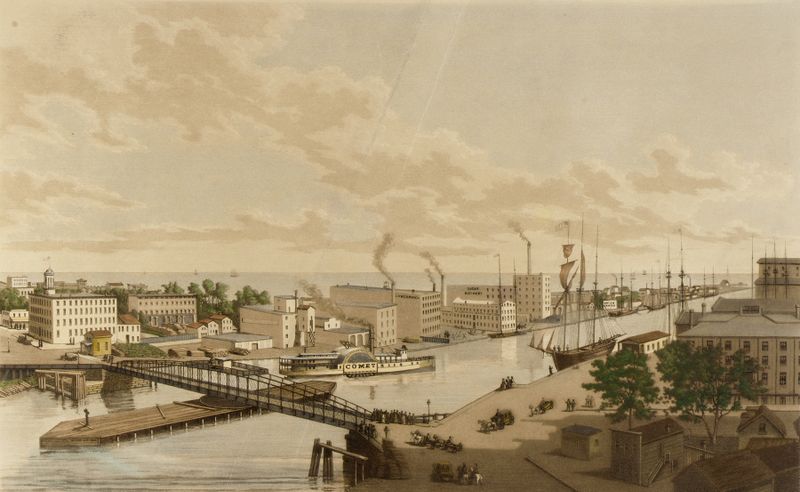 Rush Street Bridge, Chicago de R. Varin, óleo sobre tela, retratando uma paisagem urbana ao crepúsculo com uma ponte e água.