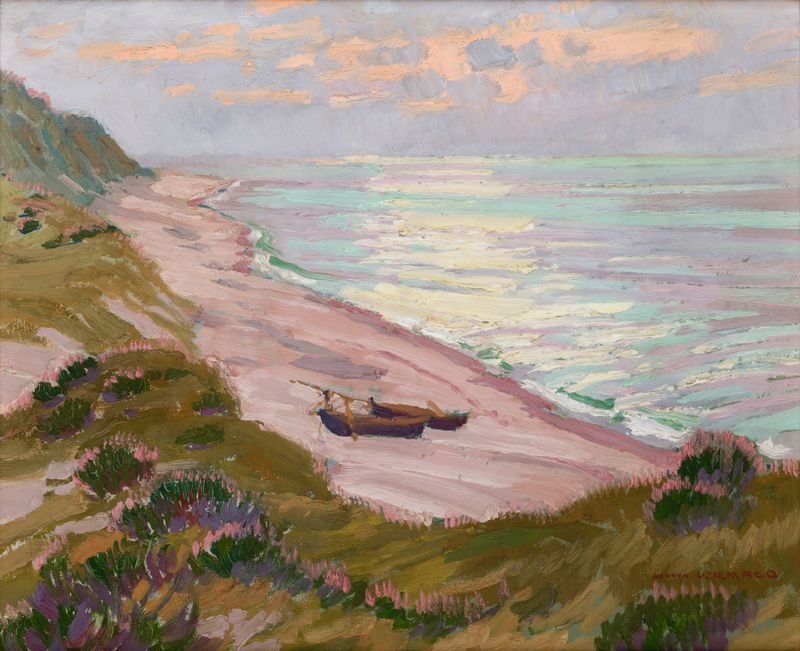 Seashore by Henryk Uziembło, oil painting depicting gentle waves and a shimmering horizon.