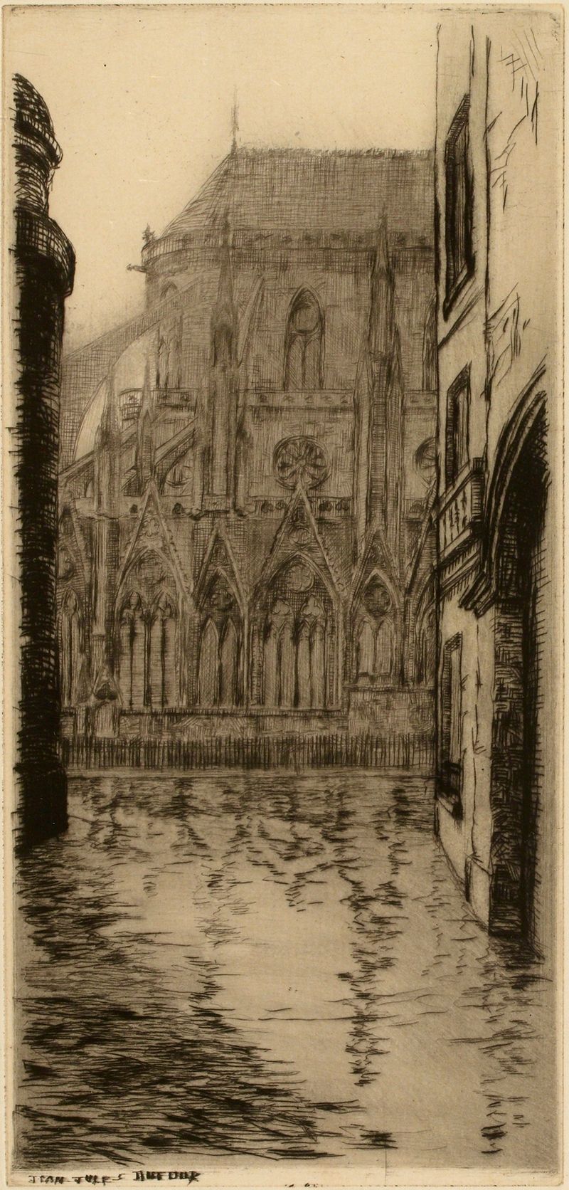 Reflection of Notre-Dame in water, oil painting by Jean-Jules Dufour