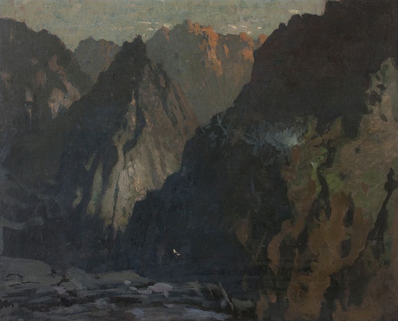 Mountain landscape by James Paterson, oil painting featuring misty peaks and muted colors.