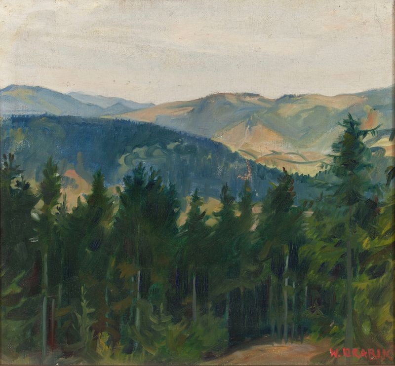 Mountainscape by Wincenty Drabik, oil painting depicting lush mountains and forest.