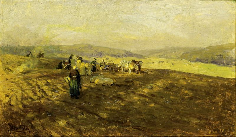 Potato Gleaners by Herman Hartwich, oil on canvas, depicting figures harvesting in earthy tones.