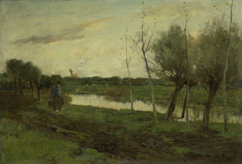 Landschap met een vaart by Geo Poggenbeek, oil painting featuring a luminous river and lush greenery.