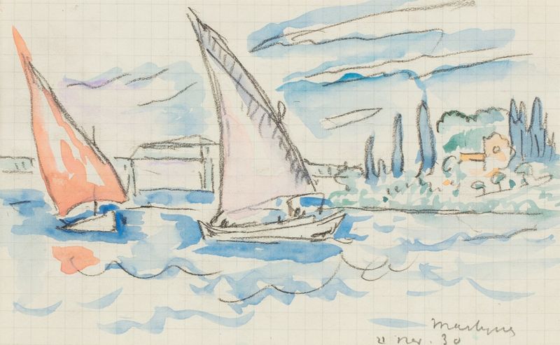 Martigues de Paul Signac, óleo que muestra barcos en un canal con reflejos.