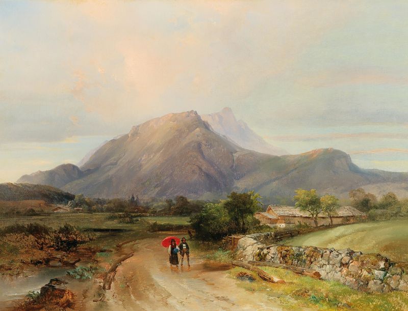 Landscape with Walkers, oil on canvas by Anton Hansch, featuring two figures in a lush landscape at sunset.