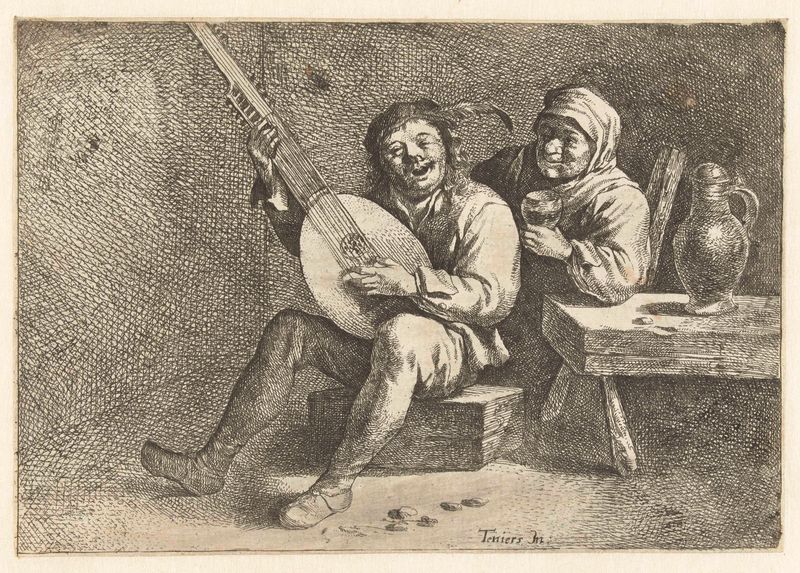 Luitspeler en oude vrouw, gravura de Cornelis Pietersz. Bega, retratando um músico e uma mulher idosa.
