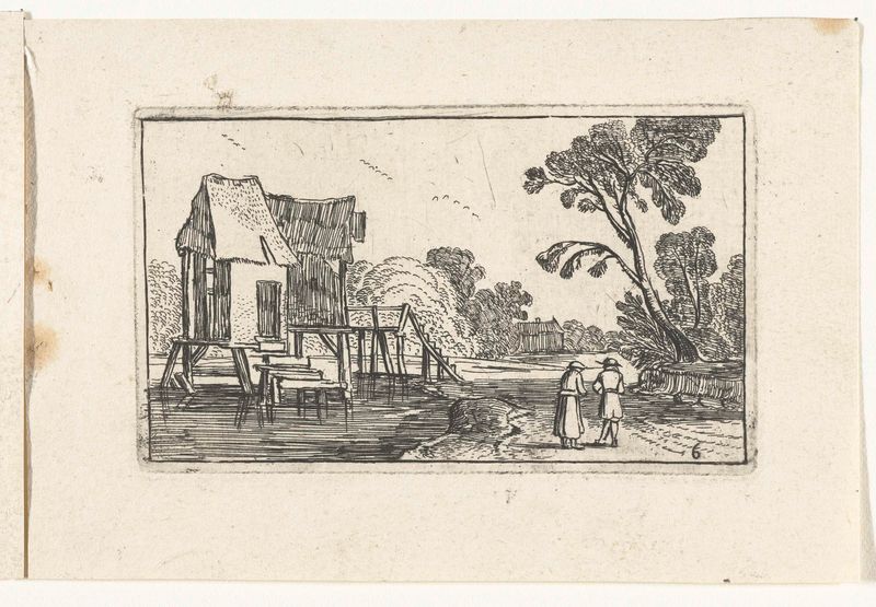 Gravura de Unknown Artist mostrando um rio com um edifício sobre estacas