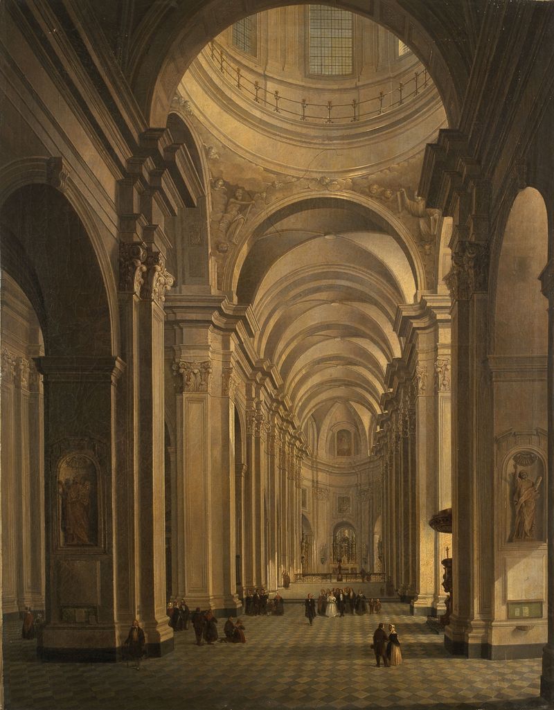 Interior de la Iglesia de Pierre François Van Belle, óleo sobre lienzo, con bancos vacíos y luz de vitrales.