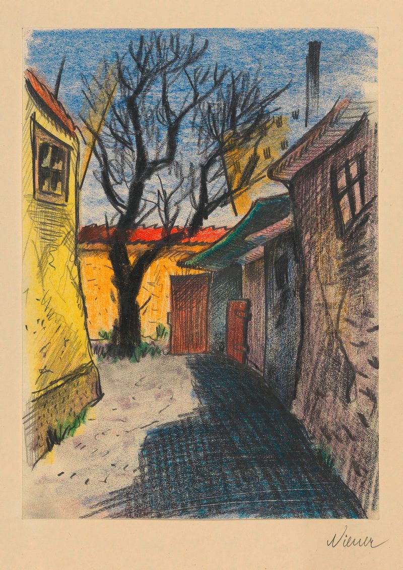 Calle suburbana iluminada por luz dorada, sombras proyectadas, por Karl Wiener, pintura al óleo
