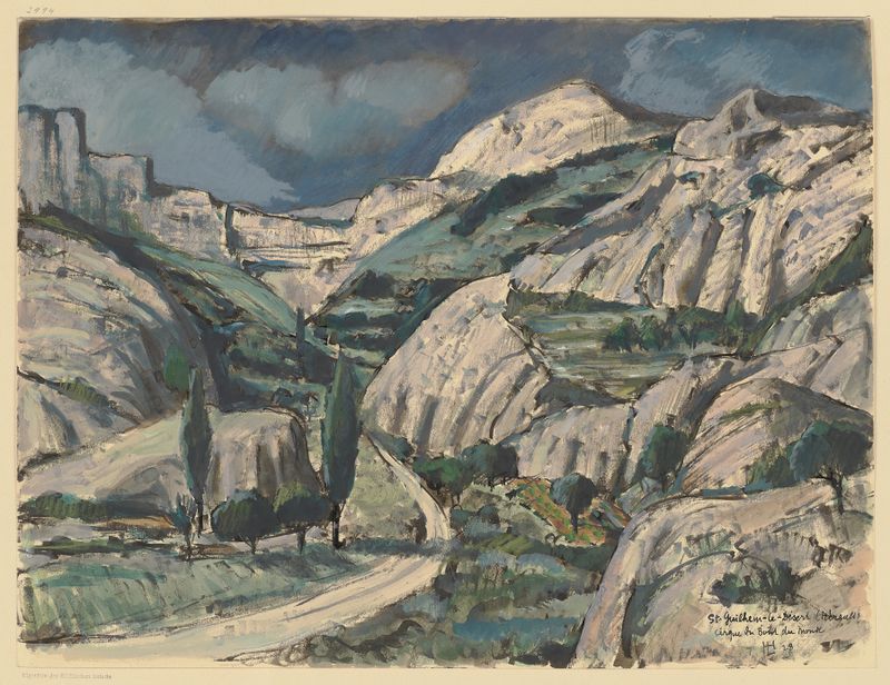 Landscape by Hermann Lismann, 1928, featuring vibrant colors and organic shapes.