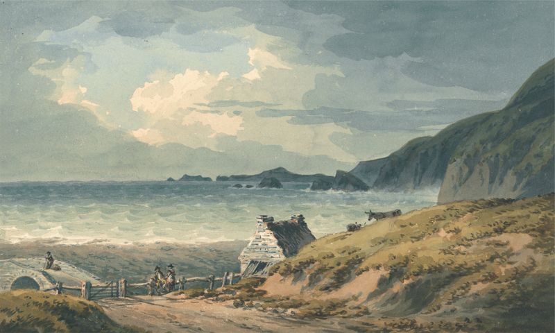 The Northern Boundary of St. Bride’s Bay de John Warwick Smith, acuarela sobre papel que representa una costa tranquila.