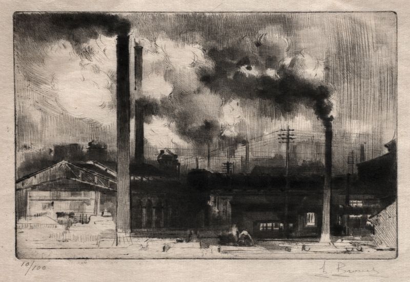 At the Creusot Works The Smokestacks, grabado de Auguste Brouet que representa chimeneas industriales y sombras.
