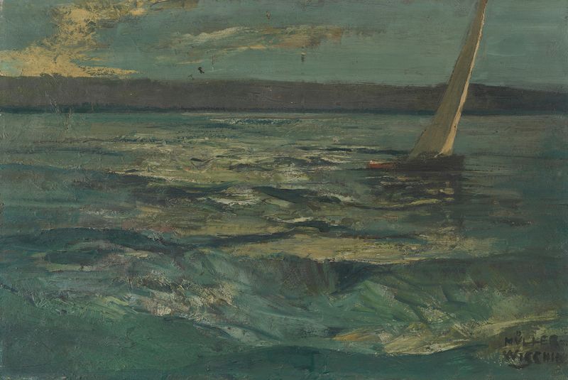 Oil painting by Anton Müller-Wischin depicting a lake with a sailboat and gentle water movement.