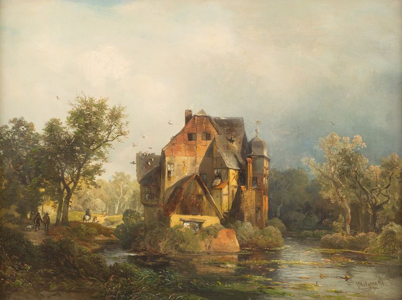 Water Castle Caspersbroich, oil on canvas by Carl Hilgers, features a castle reflected in a lake.