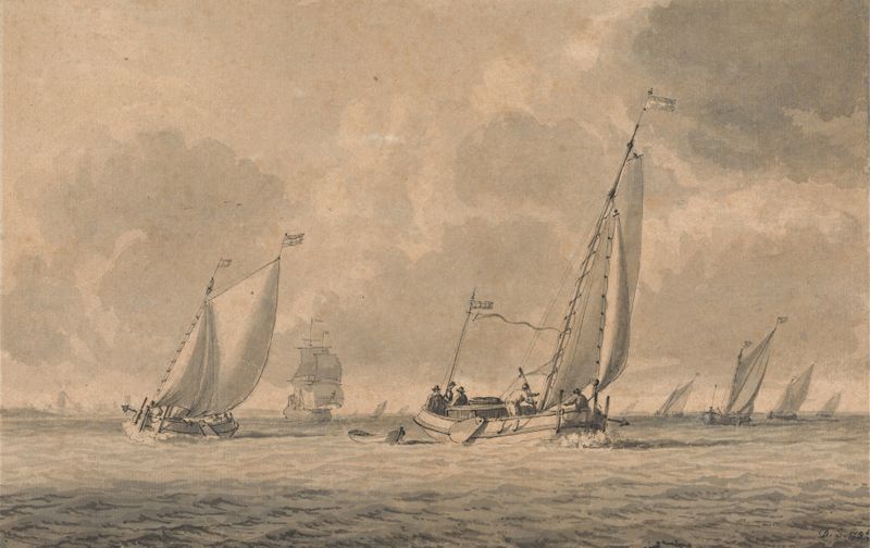 Barges Heading out to Sea, óleo sobre lienzo de Dominic Serres, que muestra barcazas bajo la luz del sol en el agua.
