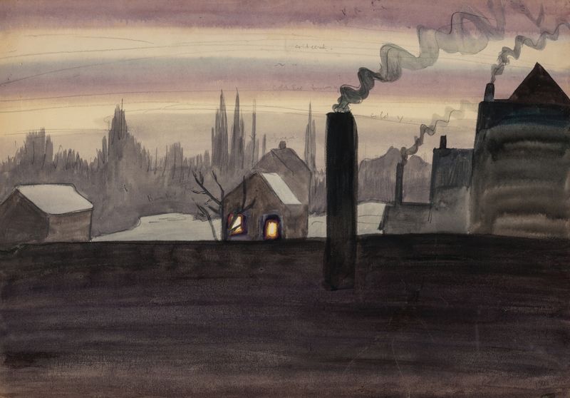 Landscape with golden light and trees by Charles Ephraim Burchfield, 1921, oil painting.