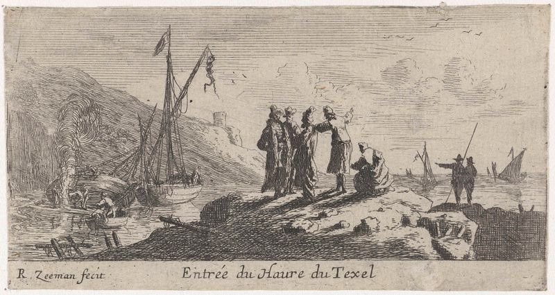 Gravura de Reinier Nooms mostrando uma cena portuária turbulenta com navios e ondas tempestuosas.