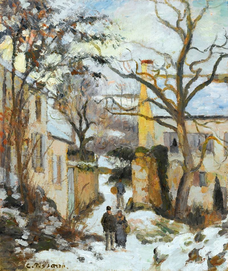 La Maison Rondest Sous La Neige, pintura a óleo de Camille Pissarro, retratando uma cena de vila nevada.