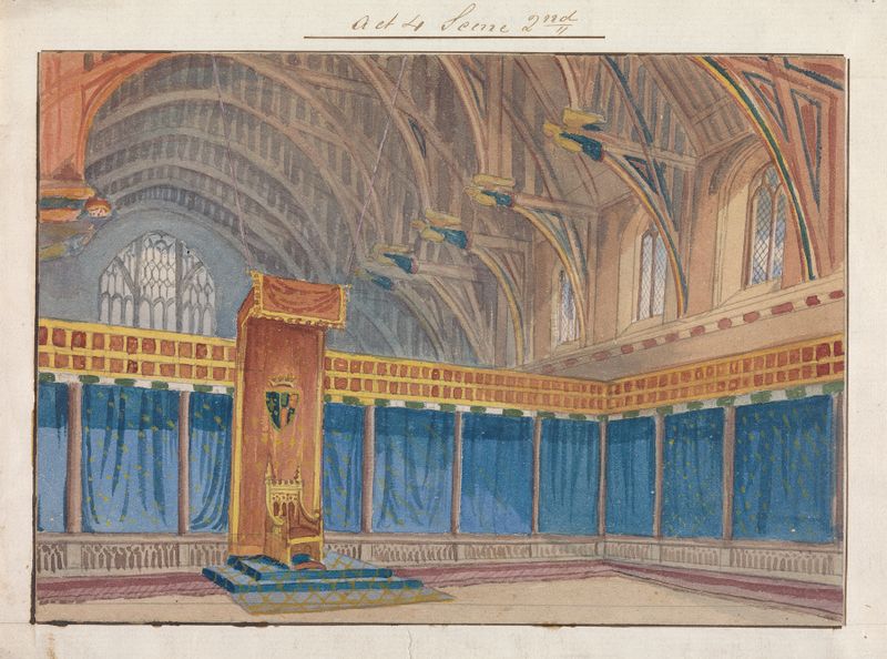 Diseño para el escenario de Richard II de Charles Kean por George Cressal Ellis, tinta sobre papel