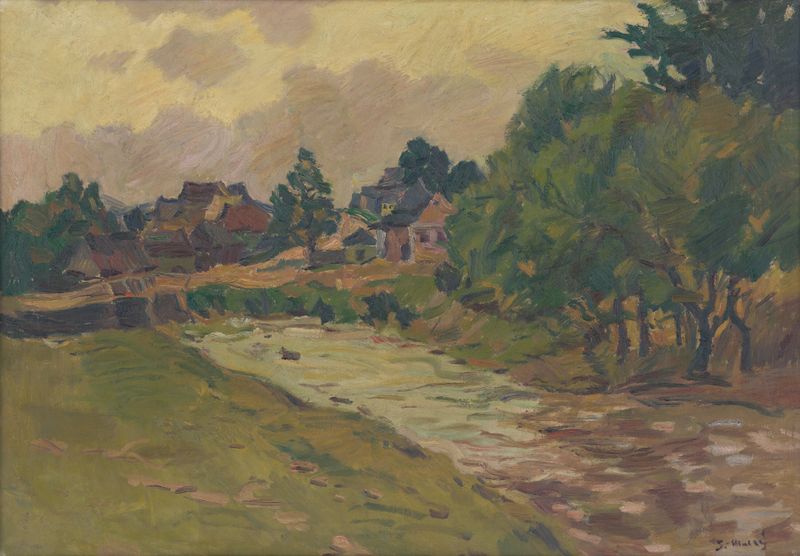 Pintura a óleo de Gustáv Mallý mostrando montanhas e floresta na luz da manhã