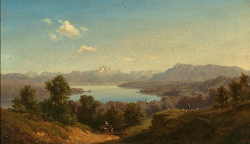 A View of Lake Waginger See by Maximilian Haushofer, oil painting depicting serene lake reflections.